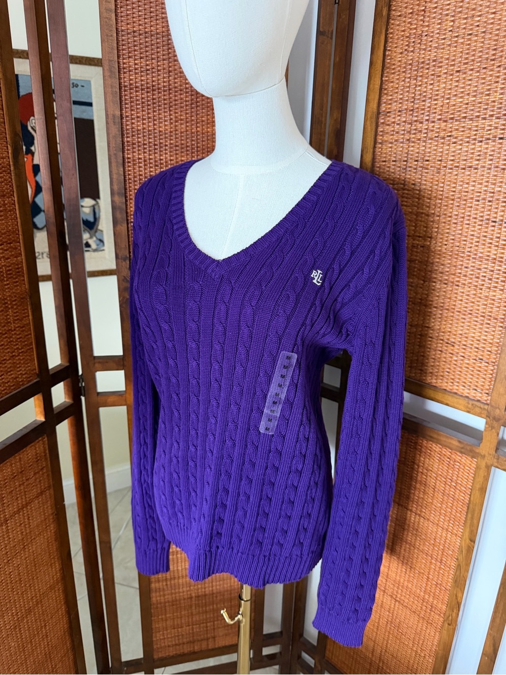 NWT Ralph Lauren Purple Cable-Knit V-Neck Sweater 100% cotton M